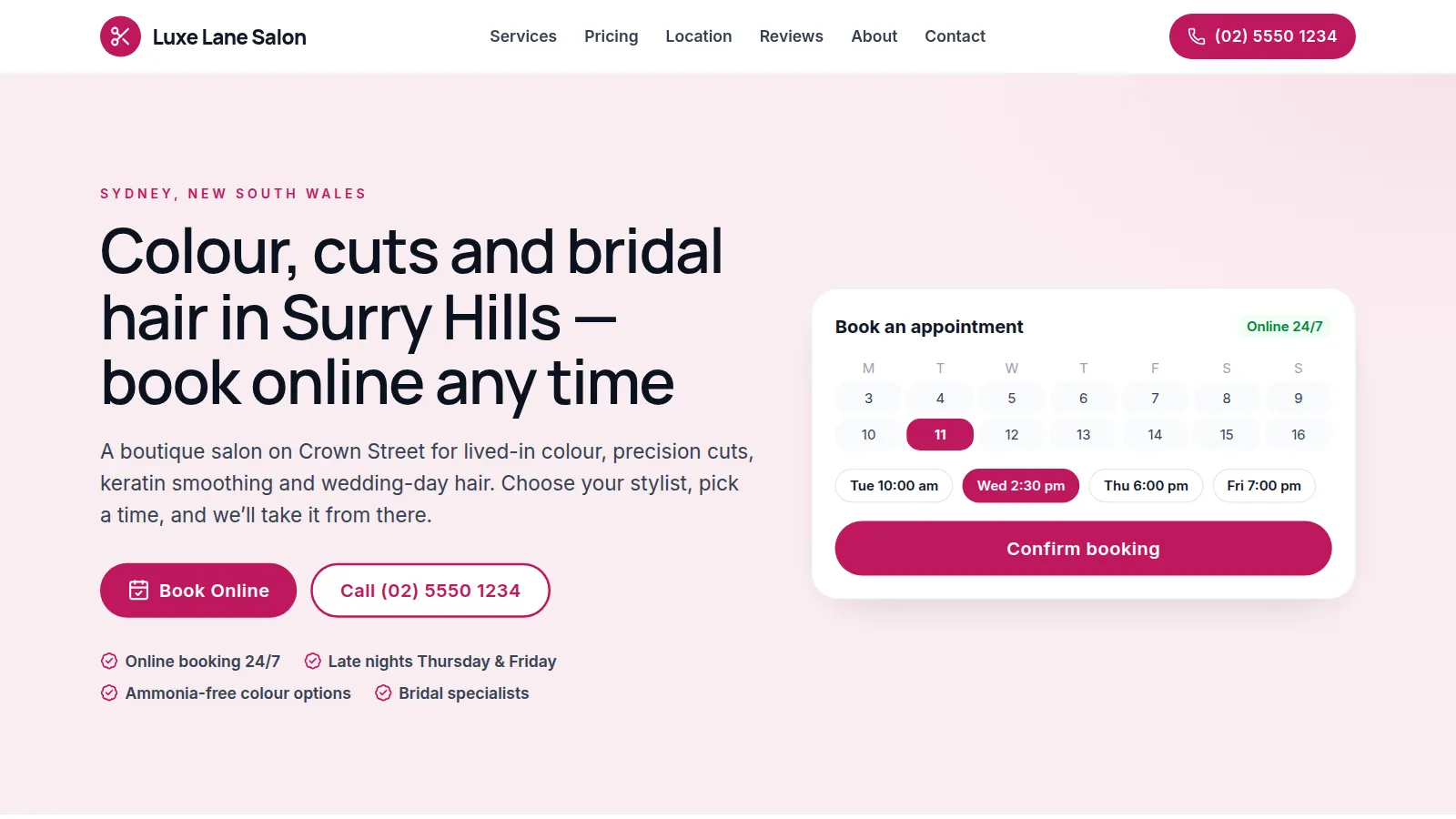 Preview of the Luxe Lane Salon demo website