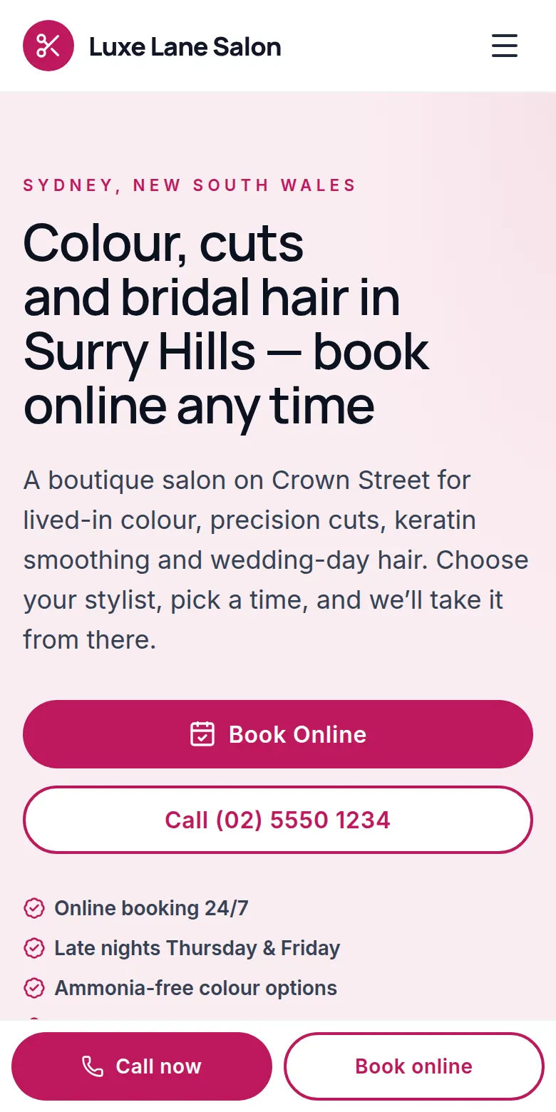 Preview of the Luxe Lane Salon demo website